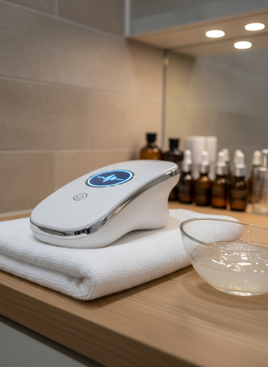 A dramatic, close-up photographic image of a high-tech facial device resting on a folded, soft white towel atop a light oak counter in a treatment room. The device has a smooth, matte white body with chrome detailing and a small, illuminated digital display glowing a soft blue. Next to it, a clear glass bowl holds a silky gel mask, its surface catching highlights from overhead warm LED downlights. The background shows an intentionally blurred hint of tiled walls in soft stone tones and a neatly arranged row of serum bottles. Shot at a slightly elevated three-quarter angle with shallow depth of field, the device in crisp focus. The atmosphere feels advanced yet nurturing, blending medical-grade technology with spa-like comfort in a clean, modern aesthetic clinic environment.