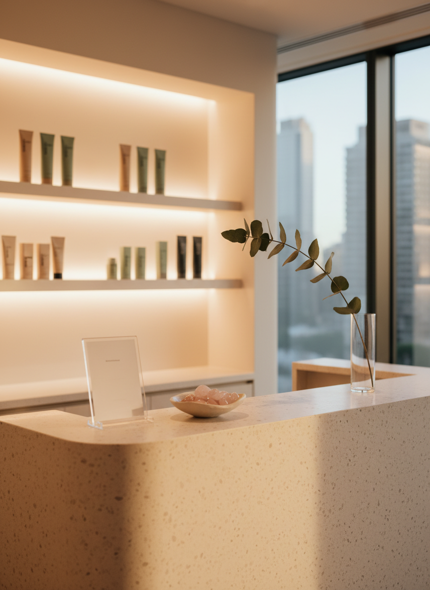 An inviting reception counter at a premium Sydney CBD skin aesthetic clinic, crafted from pale terrazzo with subtle stone flecks and a perfectly smooth edge. On the counter sits a minimalist, unbranded appointment card holder, a small sculptural ceramic dish with rose quartz stones, and a slim glass cylinder vase holding a single, long eucalyptus branch. Behind the counter, a softly backlit wall panel in warm white subtly glows, with shelves displaying uniformly designed skincare bottles in muted tones. Natural afternoon light from tall city-facing windows to the right combines with the warm backlighting, creating a gentle, golden ambiance. Photographic realism at a slightly elevated eye-level perspective, with a balanced composition and soft depth of field. The mood is welcoming, refined, and tranquil, conveying a sense of premium care and understated luxury.