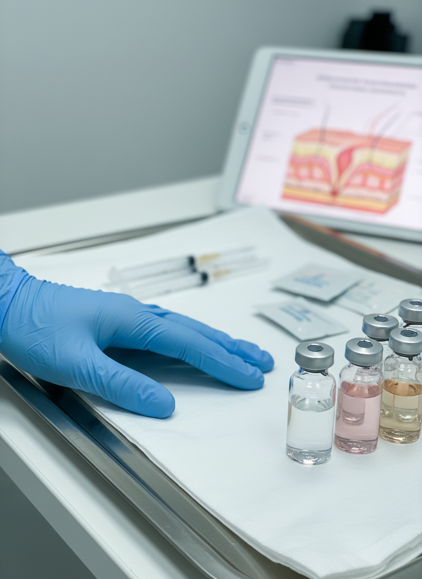A close-up, photographic realistic detail of a gloved hand resting gently beside an array of injectable skincare vials, carefully placed on a stainless-steel tray covered with a pristine white medical drape. Transparent glass vials with clear and softly tinted liquids reflect cool overhead clinical lighting, creating tiny specular highlights along their edges. Behind them, slightly out of focus, are neatly arranged sterile syringes, alcohol swabs, and a digital tablet displaying an abstract, blurred skin diagram. Shot from a low, side angle with shallow depth of field, the foreground in sharp focus and the background melting into a soft bokeh. The mood is precise, professional, and reassuring, highlighting safety, expertise, and modern aesthetic medicine in a clean, contemporary clinic setting.