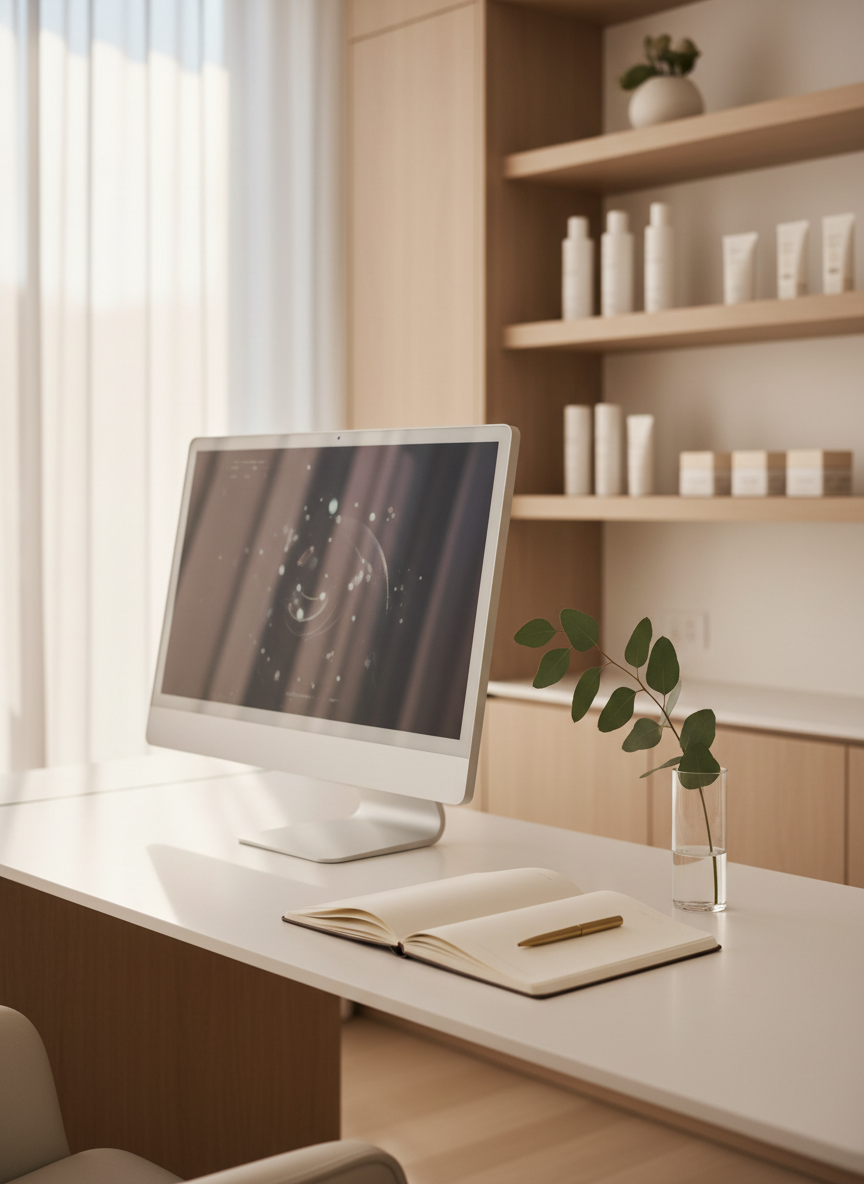 An elegant consultation desk inside a Sydney CBD aesthetic clinic, featuring a slim, matte-white work surface with a large, frameless desktop monitor displaying a softly blurred skin analysis interface. Beside it lies an open, linen-textured notebook, a fine metal pen, and a small glass vase holding a single stem of eucalyptus. In the background, out of focus, custom joinery shelves hold neatly arranged skincare products in uniform, minimalist packaging. Warm, indirect natural light filters through a nearby window, combined with subtle recessed ceiling lights, casting a gentle glow without harsh shadows. Captured in photographic realism from a three-quarter angle at seated eye level, the composition uses the rule of thirds. The mood is welcoming, thoughtful, and professional, suggesting a caring, personalized skincare consultation experience with a modern, Australian aesthetic.