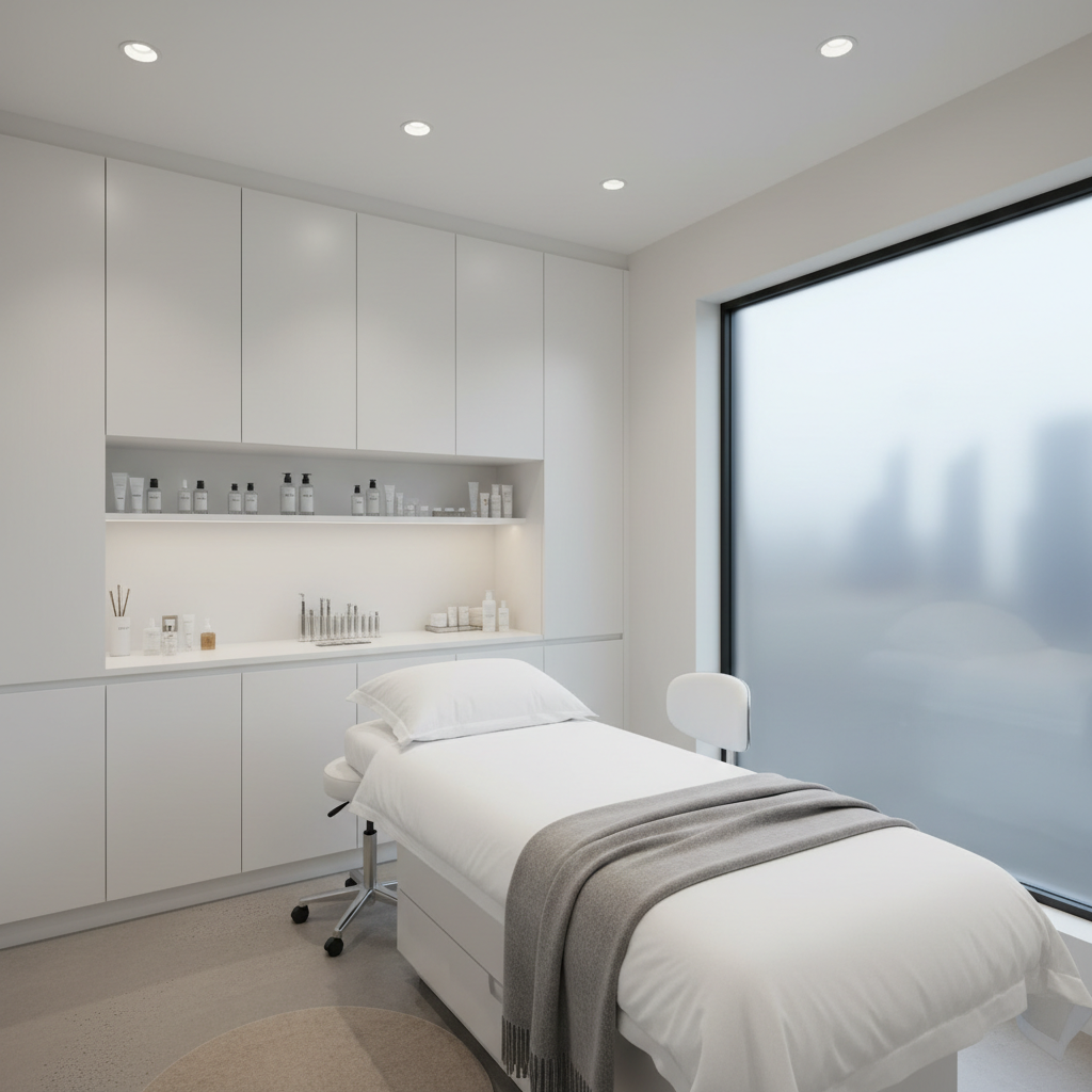 A luxurious treatment room in a premium skin aesthetic clinic, featuring a perfectly made, white treatment bed with crisp linens and a soft grey throw, centered in the frame. Built-in white cabinetry lines the back wall, neatly arranged with organized, label-free skincare bottles and polished stainless-steel tools. A subtle hint of the Sydney CBD skyline is visible through a large, frosted glass window, maintaining privacy. Cool white recessed ceiling lights mix with gentle natural daylight, creating even, flattering illumination with soft shadows. Photographic realism at eye-level, with a slightly wide lens to show the entire space. The atmosphere is pristine, calm, and professional, with a minimal palette of whites, soft greys, and muted beige, emphasizing clinical precision balanced with spa-like warmth.